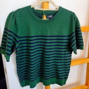 Maeve Anthropologie Short Sleeve Green and Navy Stripe Sweater